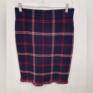 LOFT outlet Pink and Navy Plaid Stretch Pencil Skirt